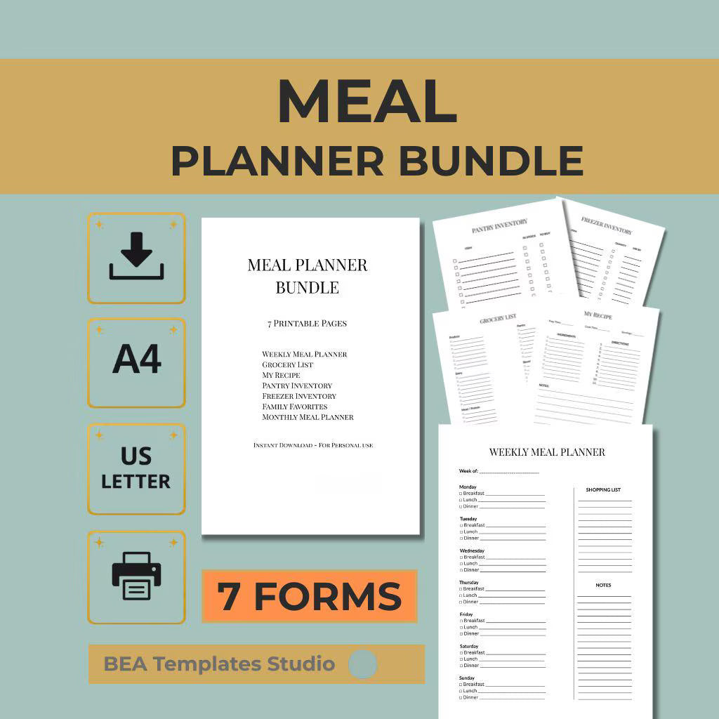 Weekly Monthly Meal Planner Bundle: Kitchen Food Tracker (A4 US Letter)