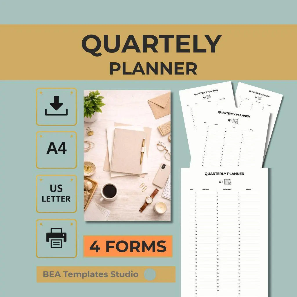 Printable Quarterly Planner PDF Q1 Q2 Q3 Q4 Minimalist Productivity Planner A4 US Letter