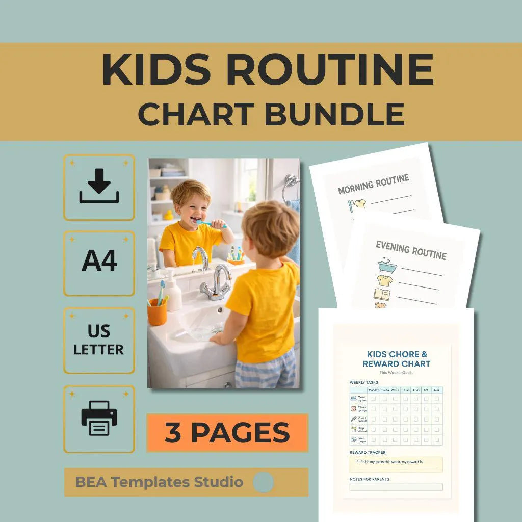 Kids Routine Chart Bundle Chore Reward Tracker Printable PDF US Letter A4