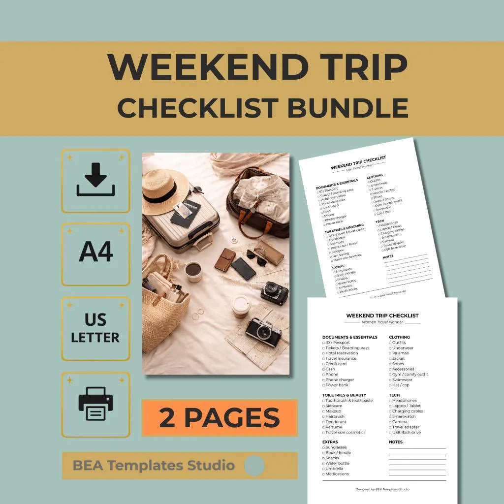 Weekend Trip Checklist Bundle (2 Packing Lists), Travel Planner PDF (A4 US Letter)