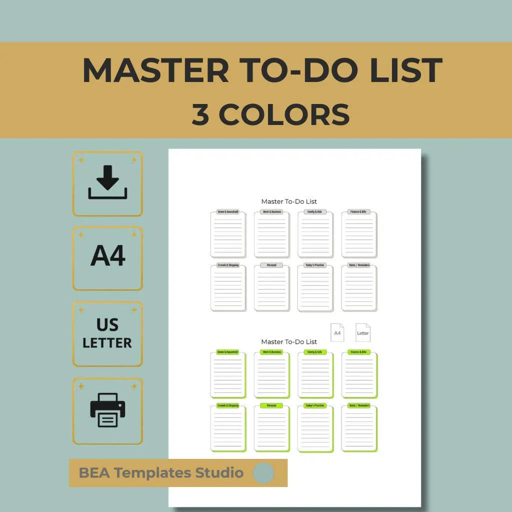 Master To Do List Printable PDF 3 Color Versions A4 US Letter Task Planner
