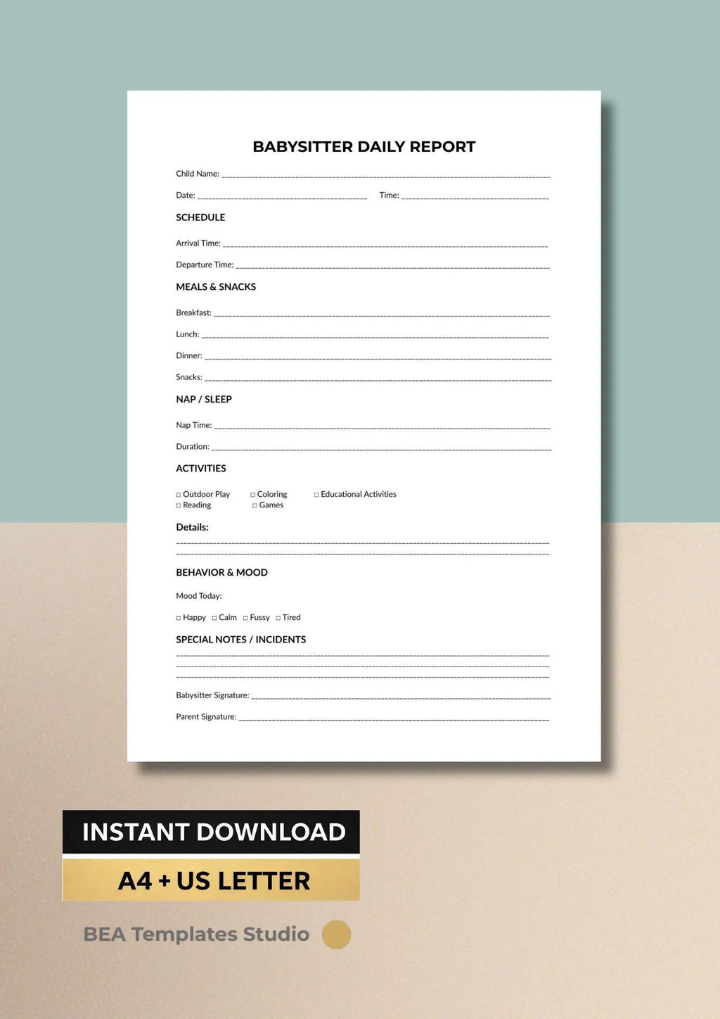 Babysitter Daily Report Printable PDF, Childcare Log, Nanny Record, Daycare Sheet A4 US Letter