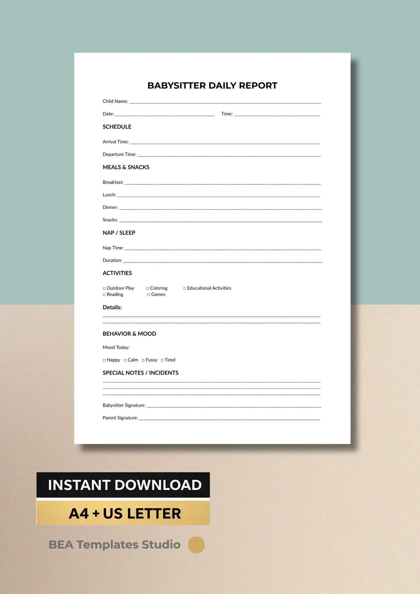 Babysitter Daily Report Printable PDF, Childcare Log, Nanny Record, Daycare Sheet A4 US Letter