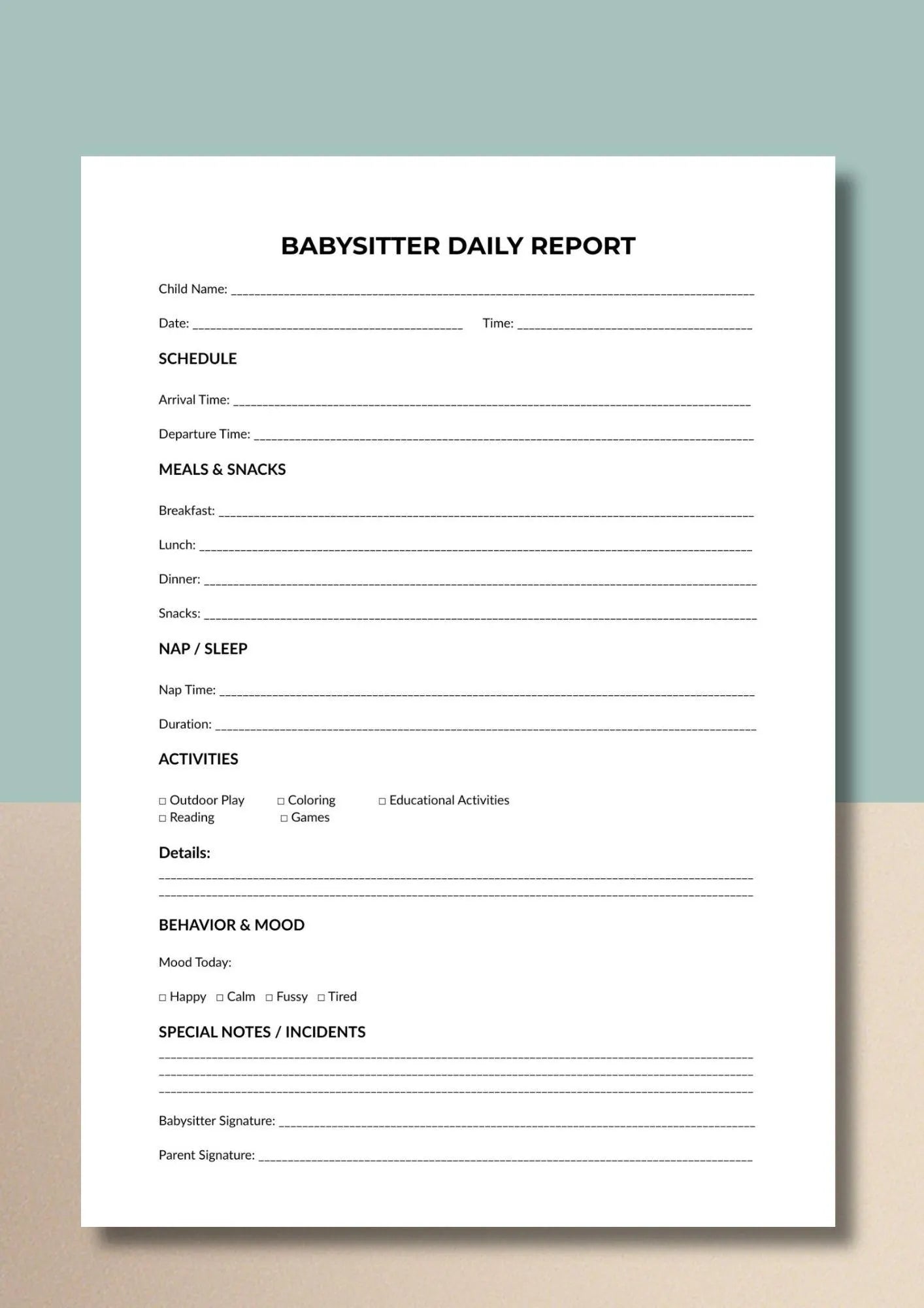 Babysitter Daily Report Printable PDF, Childcare Log, Nanny Record, Daycare Sheet A4 US Letter
