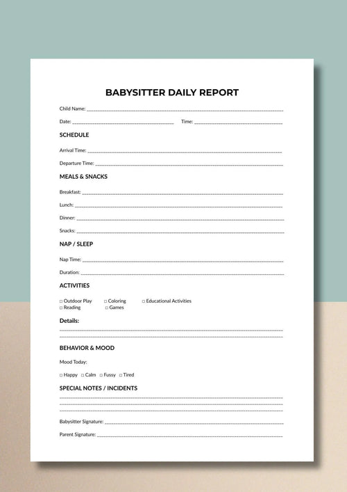 Babysitter Daily Report Printable PDF, Childcare Log, Nanny Record, Daycare Sheet A4 US Letter