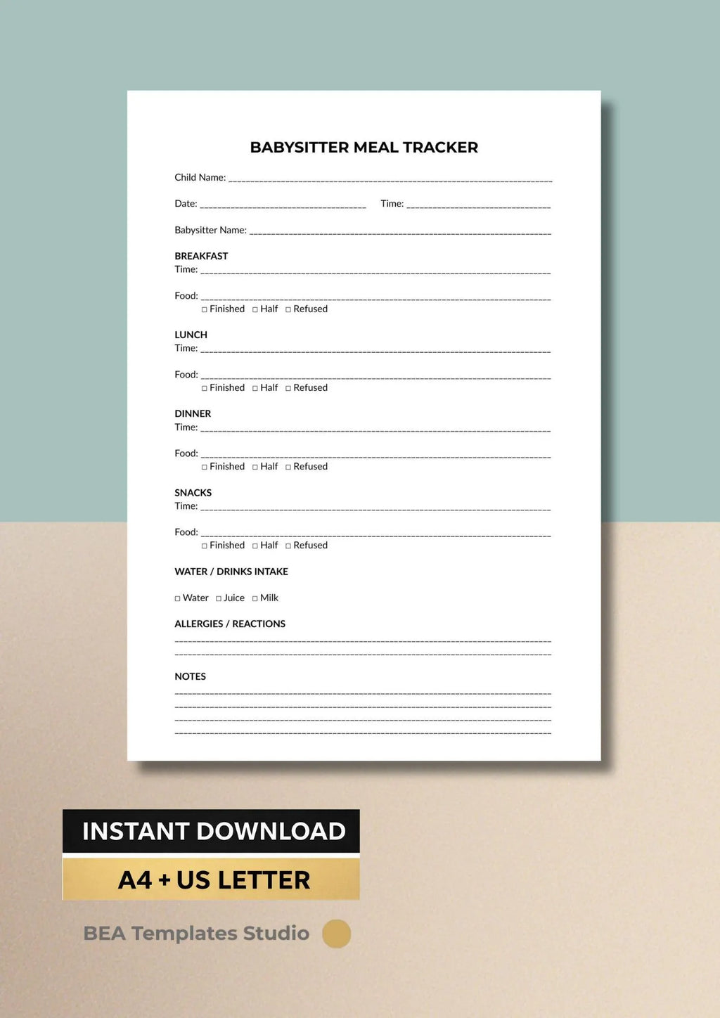 Babysitter Meal Tracker Printable, Child Food Log, Nanny Daily Sheet (PDF Download)