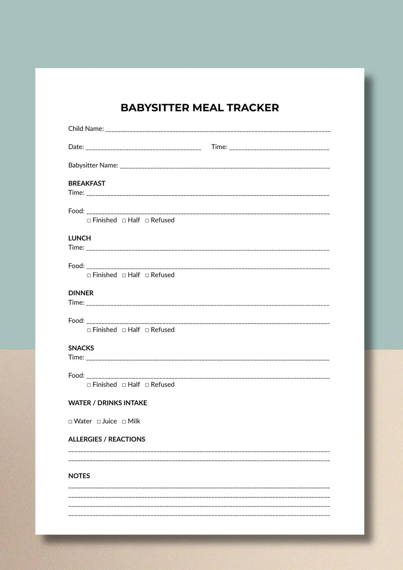 Babysitter Meal Tracker Printable, Child Food Log, Nanny Daily Sheet (PDF Download)