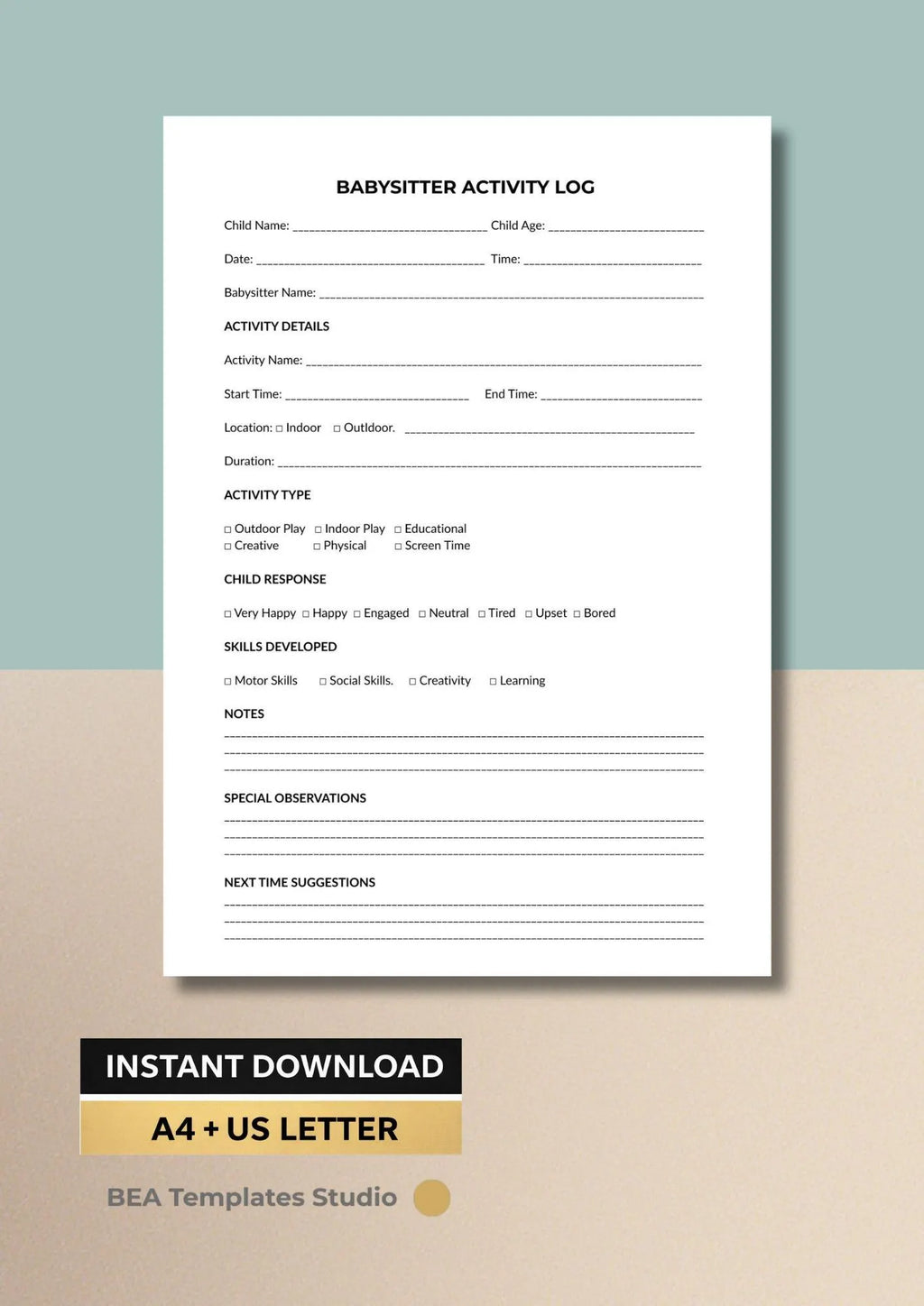 Babysitter Activity Log, Child Tracker Sheet, Nanny Record, Daycare Report, Printable PDF
