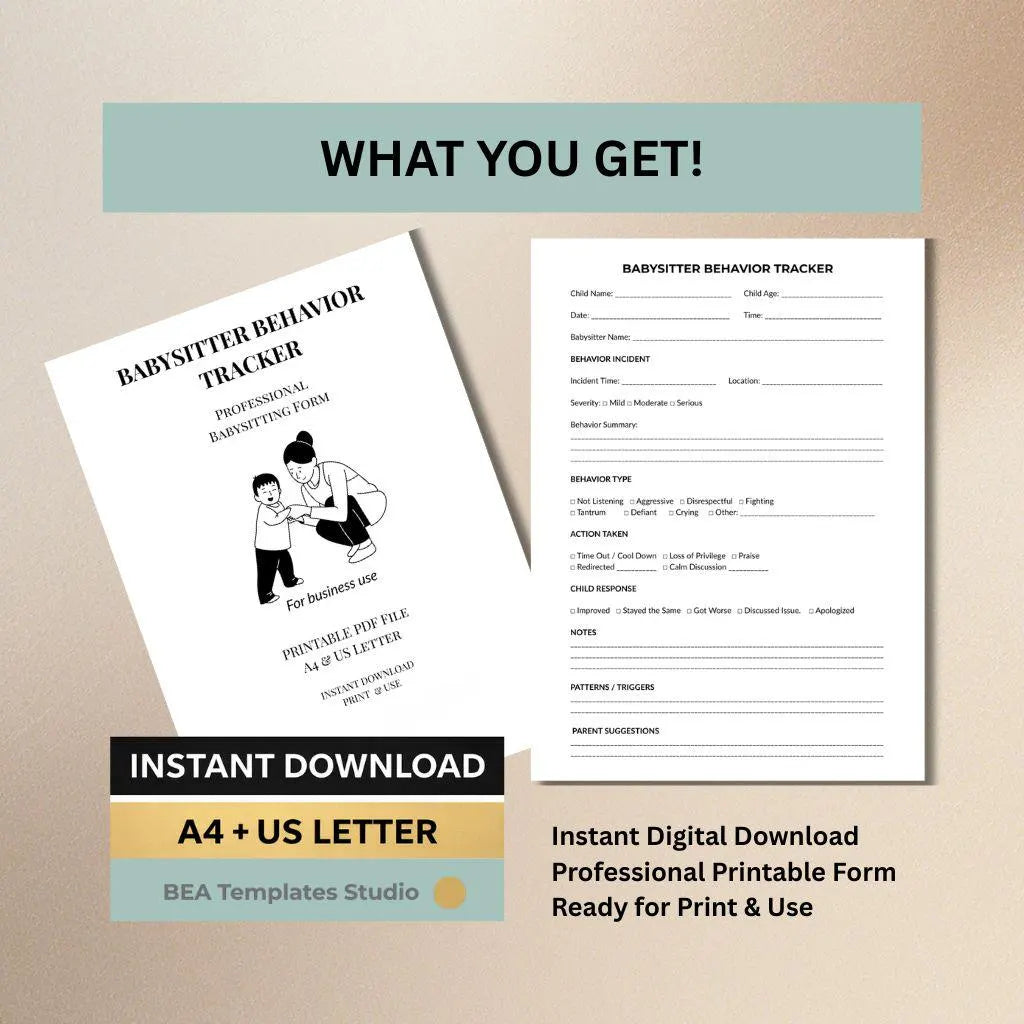 Babysitter Behavior Tracker, Child Observation Sheet, Childcare Log, Printable PDF