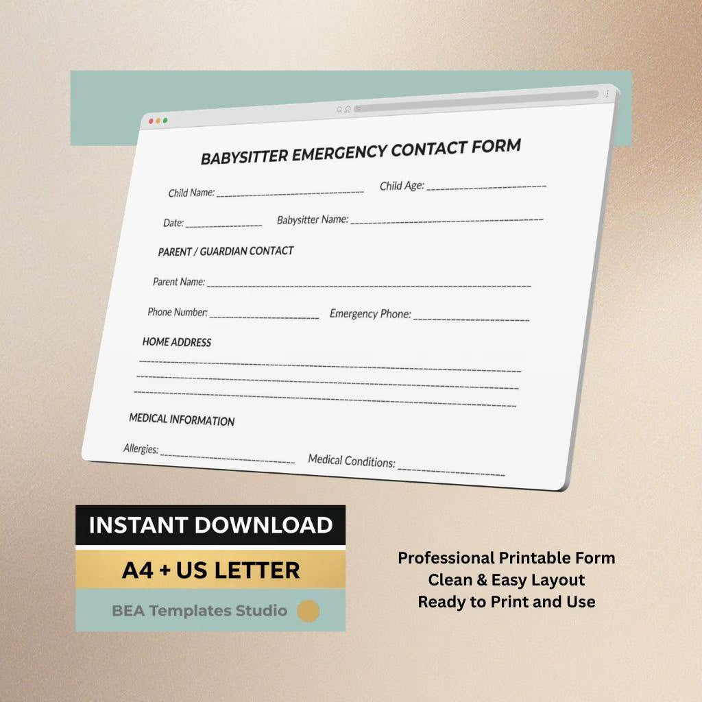 Babysitter Emergency Contact Form, Child Medical Sheet (Printable PDF)