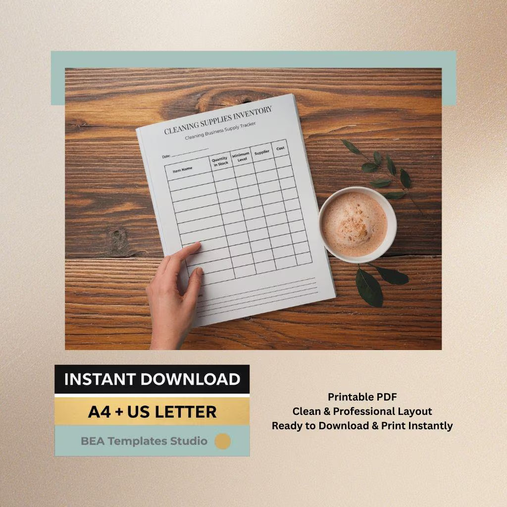 Cleaning Supplies Inventory Tracker, Janitorial Stock Organizer (PDF Download)