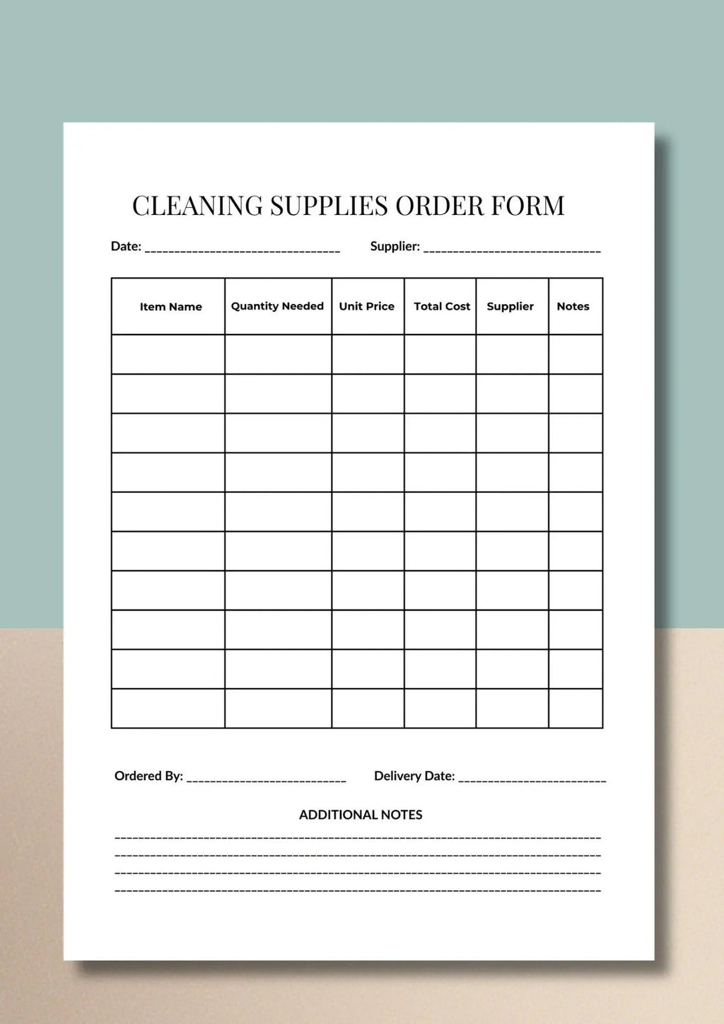 Cleaning Supplies Order Form Printable PDF, Janitorial Inventory Tracker, Purchase Planner A4 US Letter