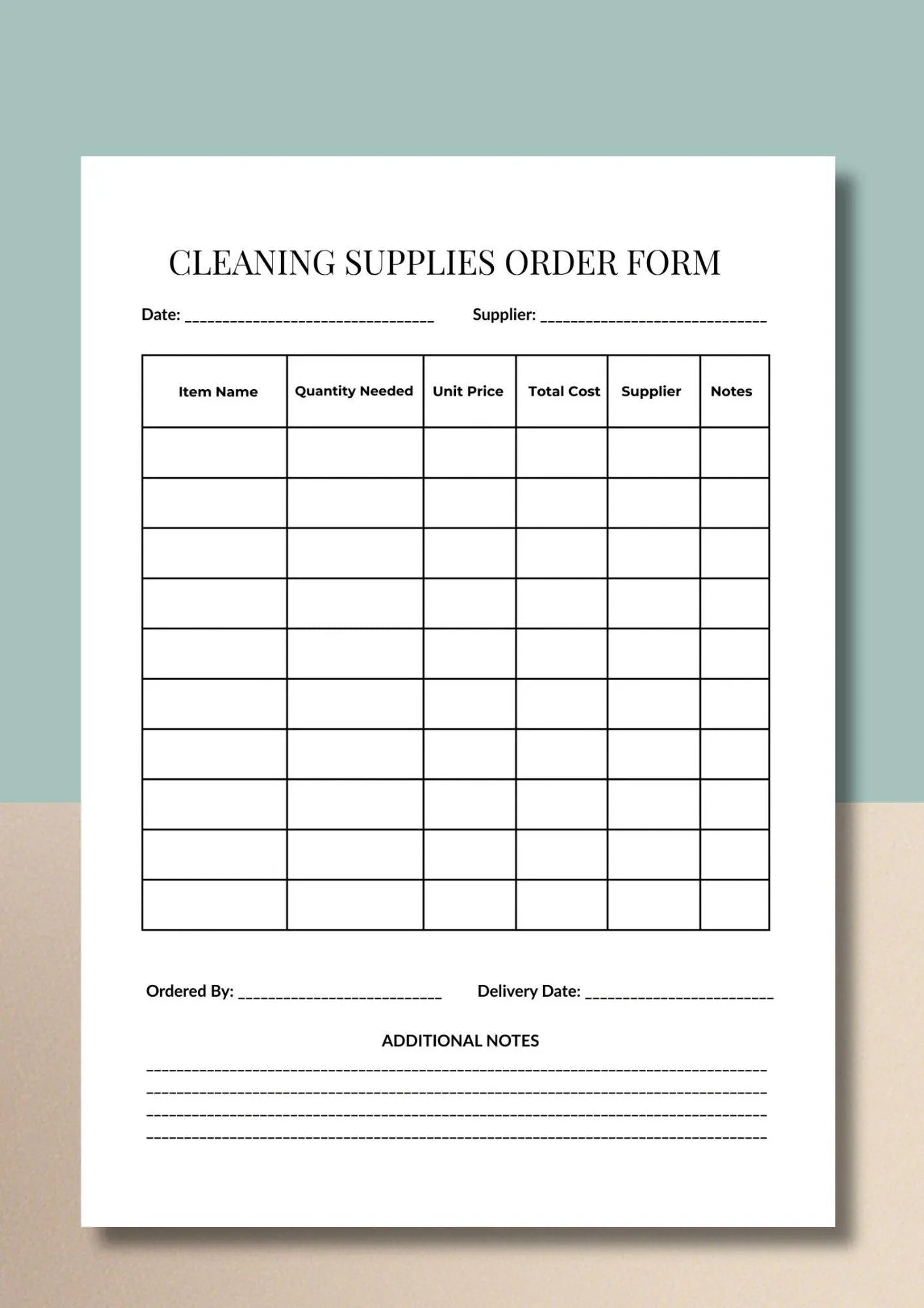 Cleaning Supplies Order Form Printable PDF, Janitorial Inventory Tracker, Purchase Planner A4 US Letter