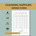Cleaning Supplies Order Form Printable PDF, Janitorial Inventory Tracker, Purchase Planner A4 US Letter