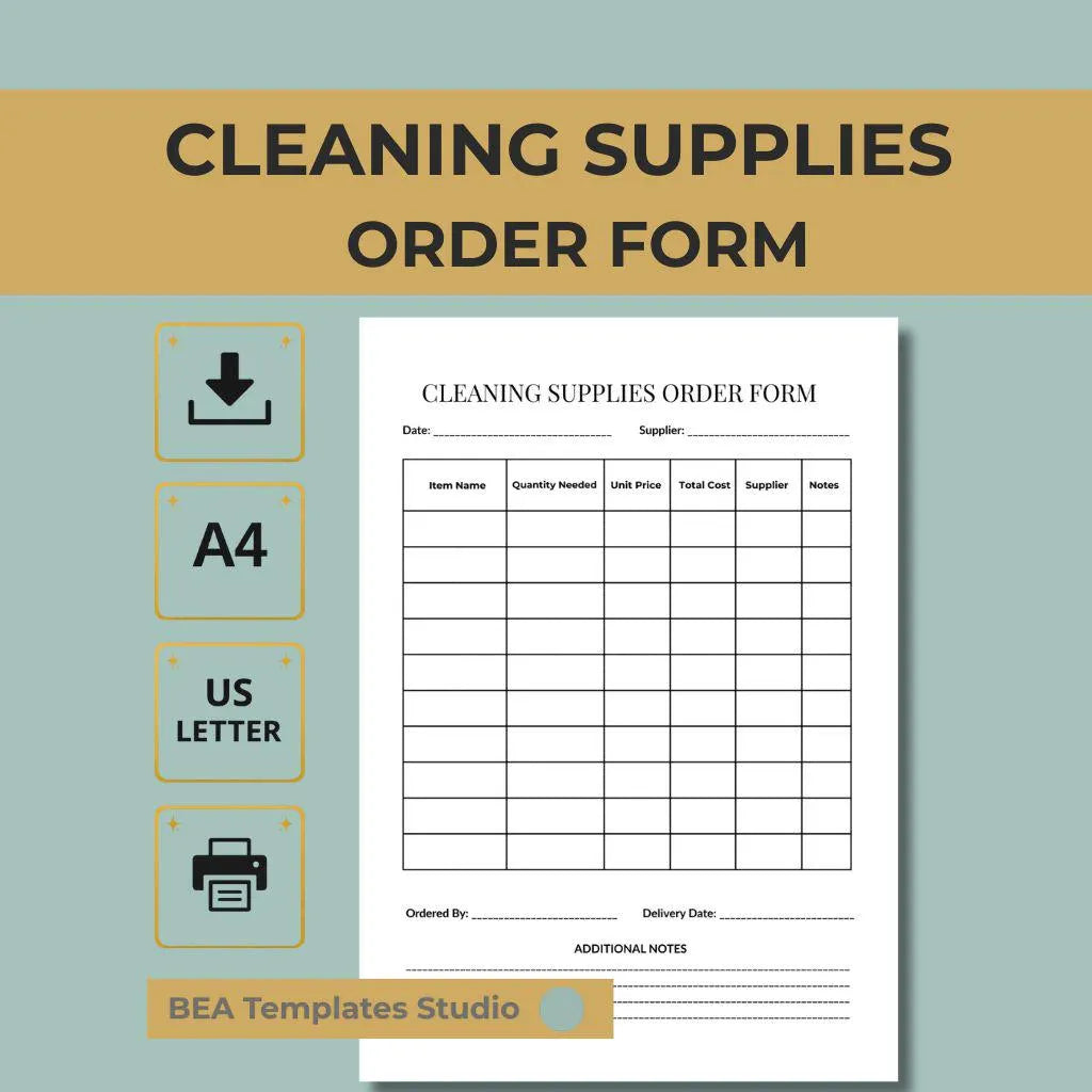 Cleaning Supplies Order Form Printable PDF, Janitorial Inventory Tracker, Purchase Planner A4 US Letter
