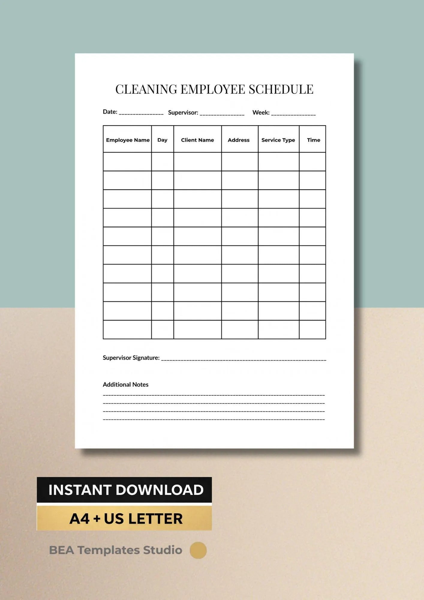 Cleaning Employee Schedule Printable PDF, Staff Work Planner, Shift Organizer A4 US Letter
