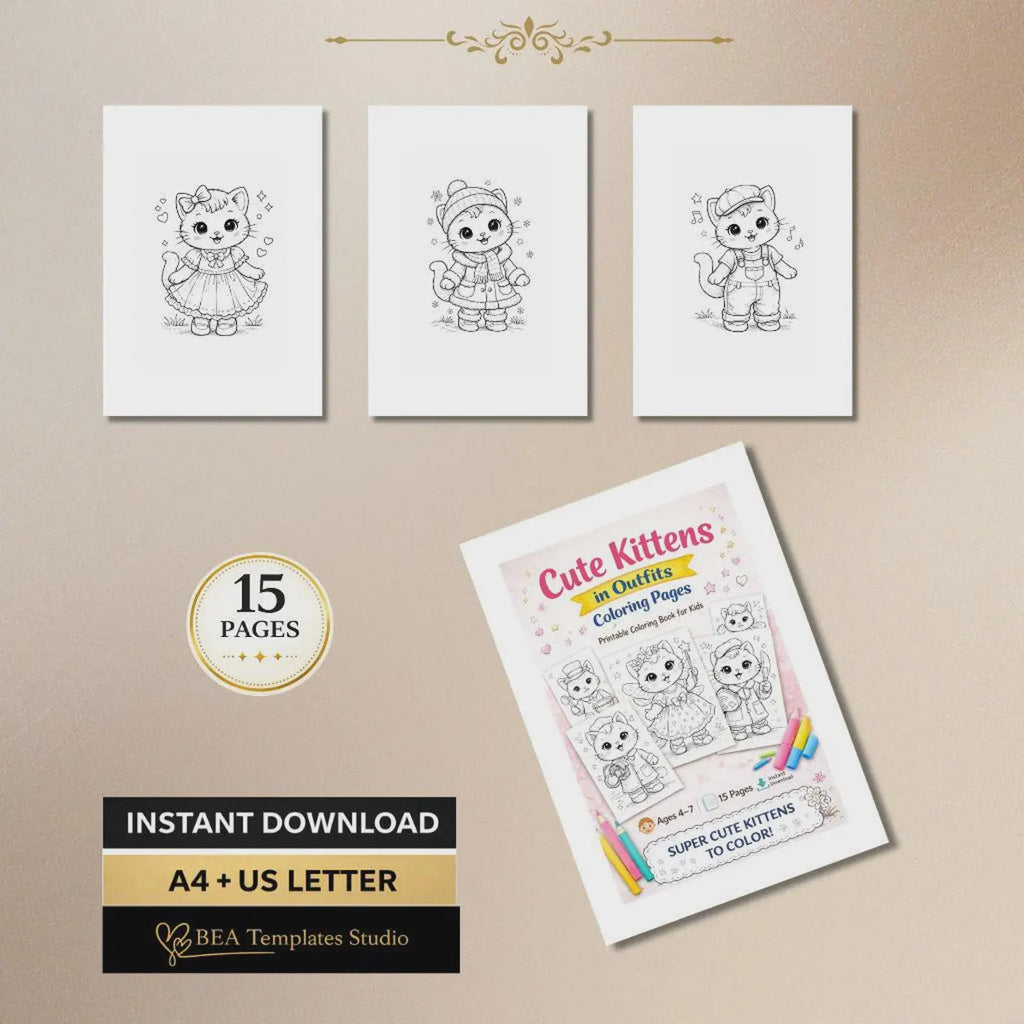 60 Kitten Coloring Pages for Kids Ages 3-10 (Digital Download)