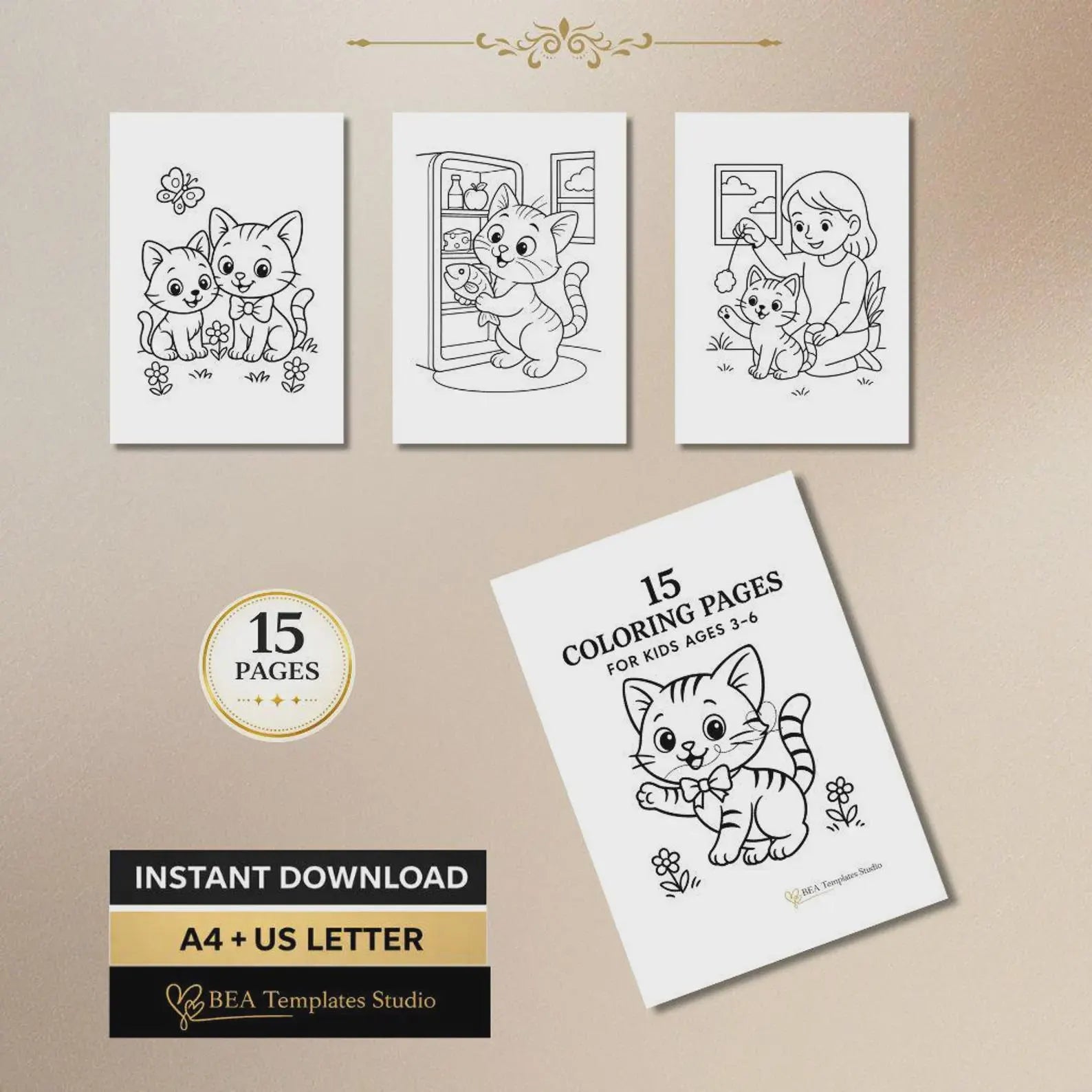 60 Kitten Coloring Pages for Kids Ages 3-10 (Digital Download)