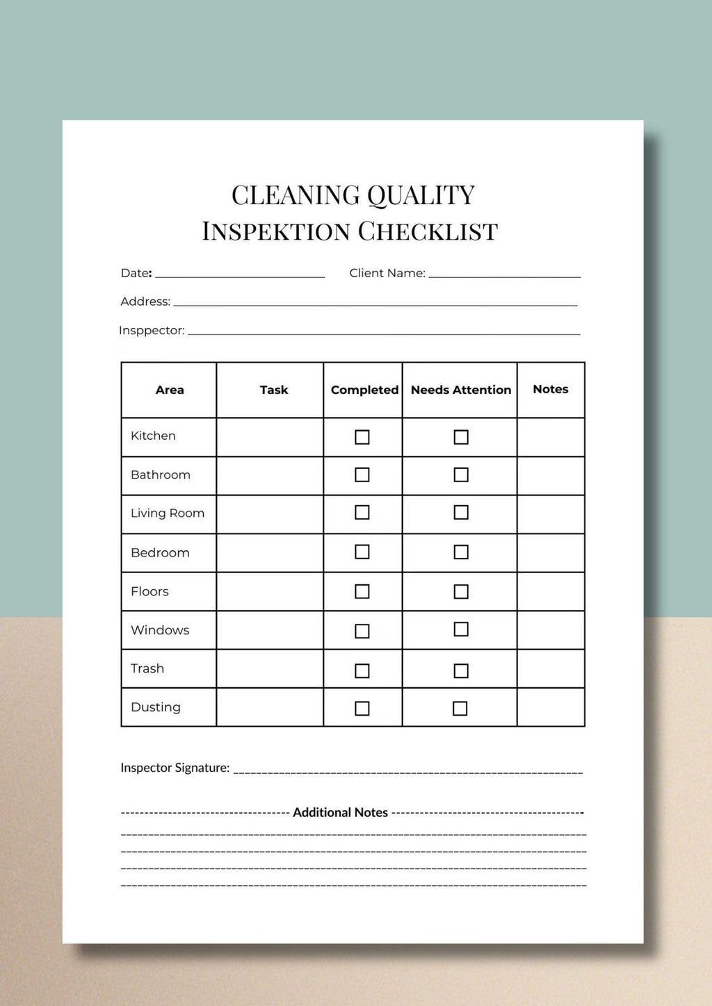 Cleaning Inspection Printable PDF, Housekeeping Audit Form, Business Quality Control Sheet A4 US Letter