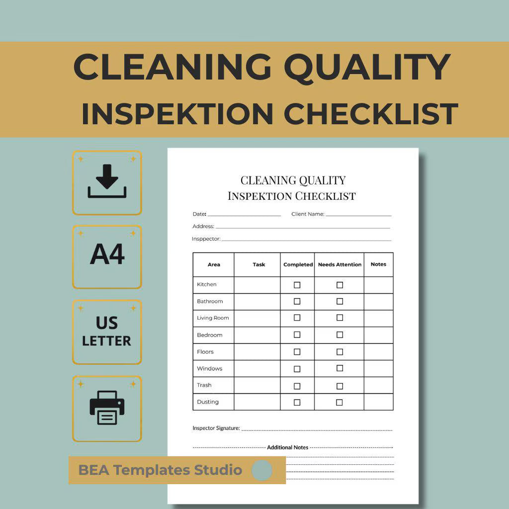 Cleaning Inspection Printable PDF, Housekeeping Audit Form, Business Quality Control Sheet A4 US Letter
