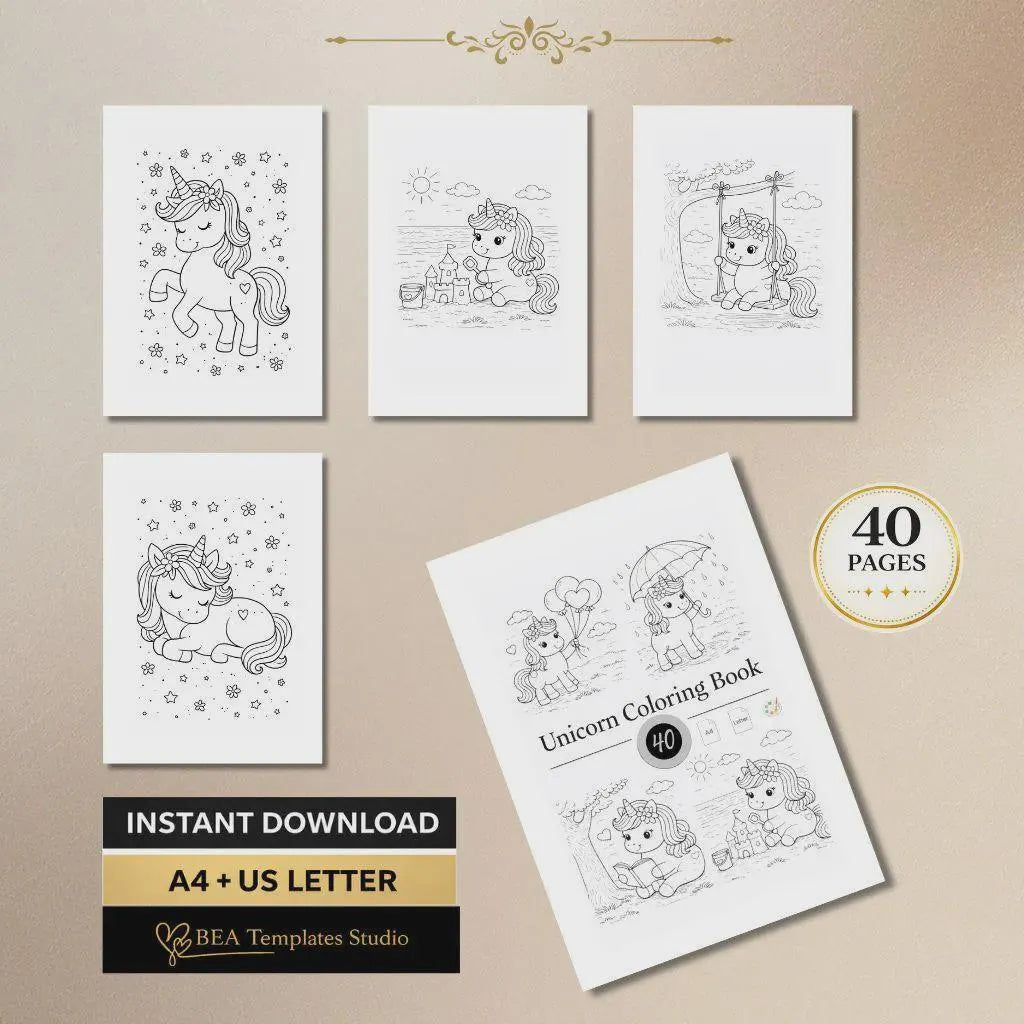Unicorn Coloring Pages for Kids, 80 Printable Sheets, Kids Activity Book PDF, Instant Download