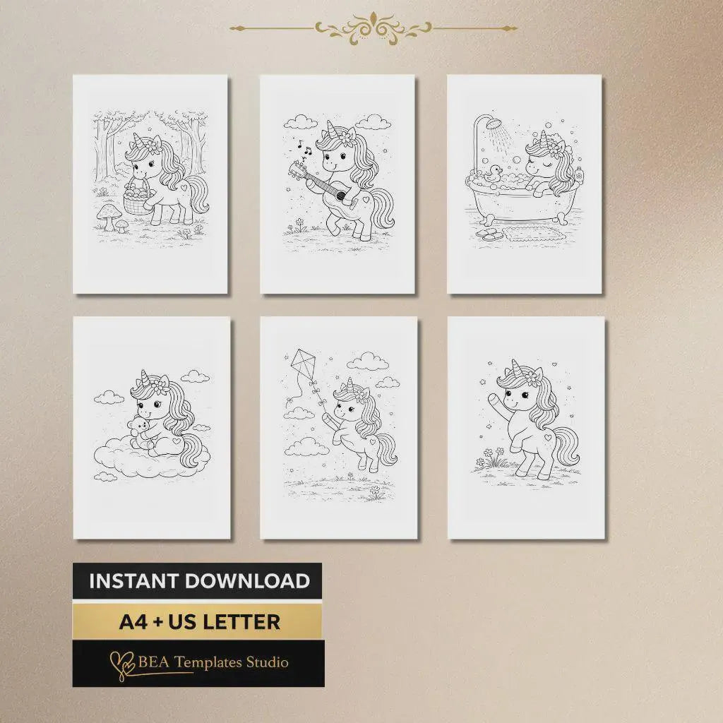 Unicorn Coloring Pages for Kids, 80 Printable Sheets, Kids Activity Book PDF, Instant Download
