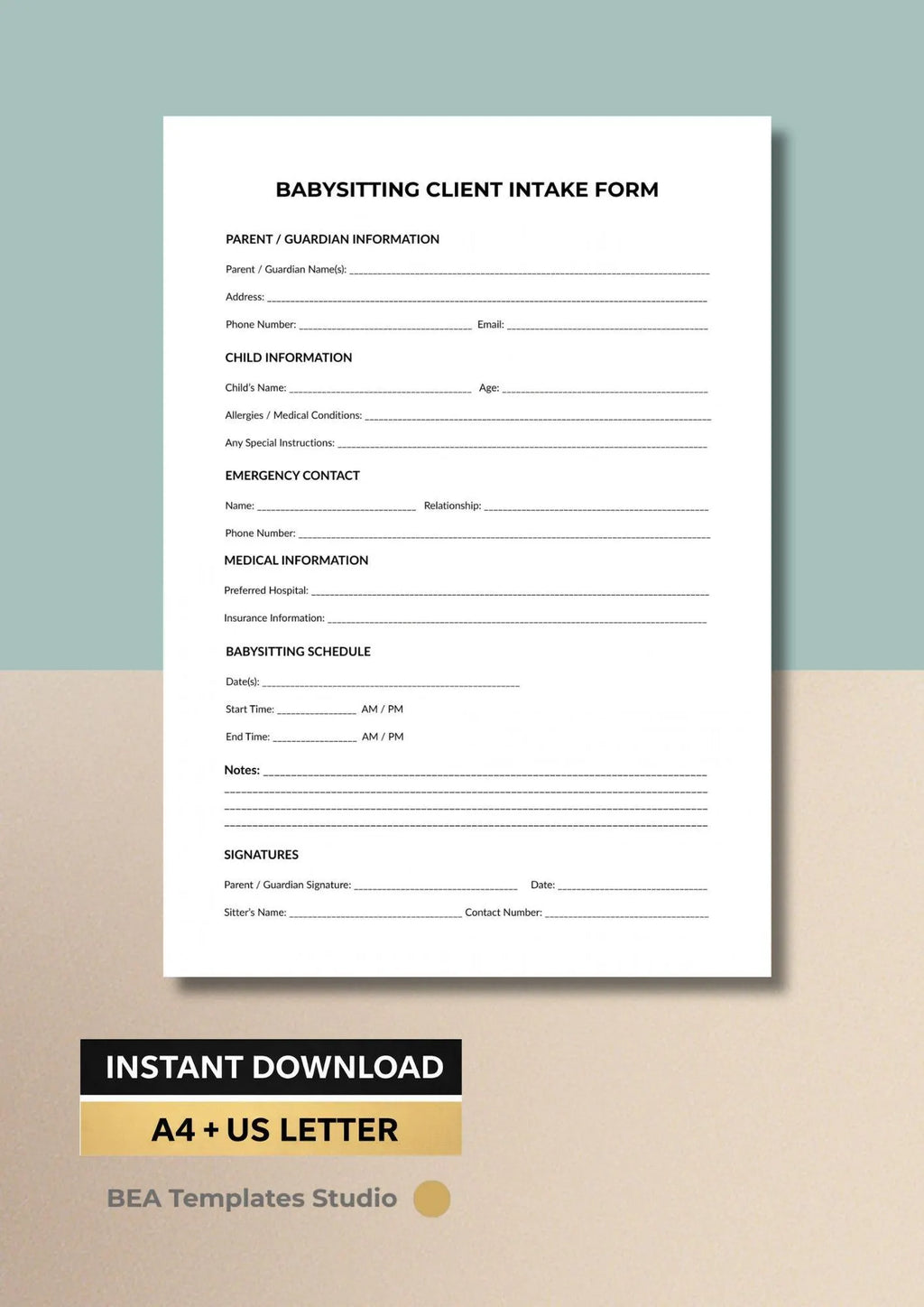 Babysitter Client Intake Form Printable PDF, Childcare Registration Form, Nanny Template A4 US Letter