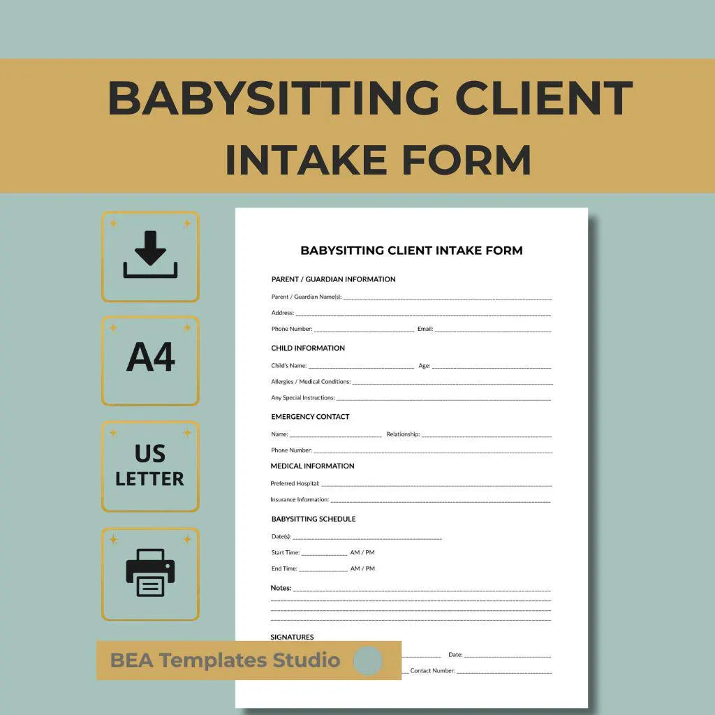 Babysitter Client Intake Form Printable PDF, Childcare Registration Form, Nanny Template A4 US Letter