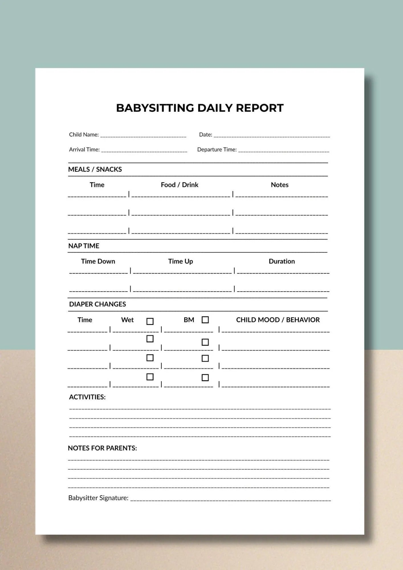 Babysitting Daily Report Printable PDF, Nanny Daily Log, Childcare Activity Sheet A4 US Letter