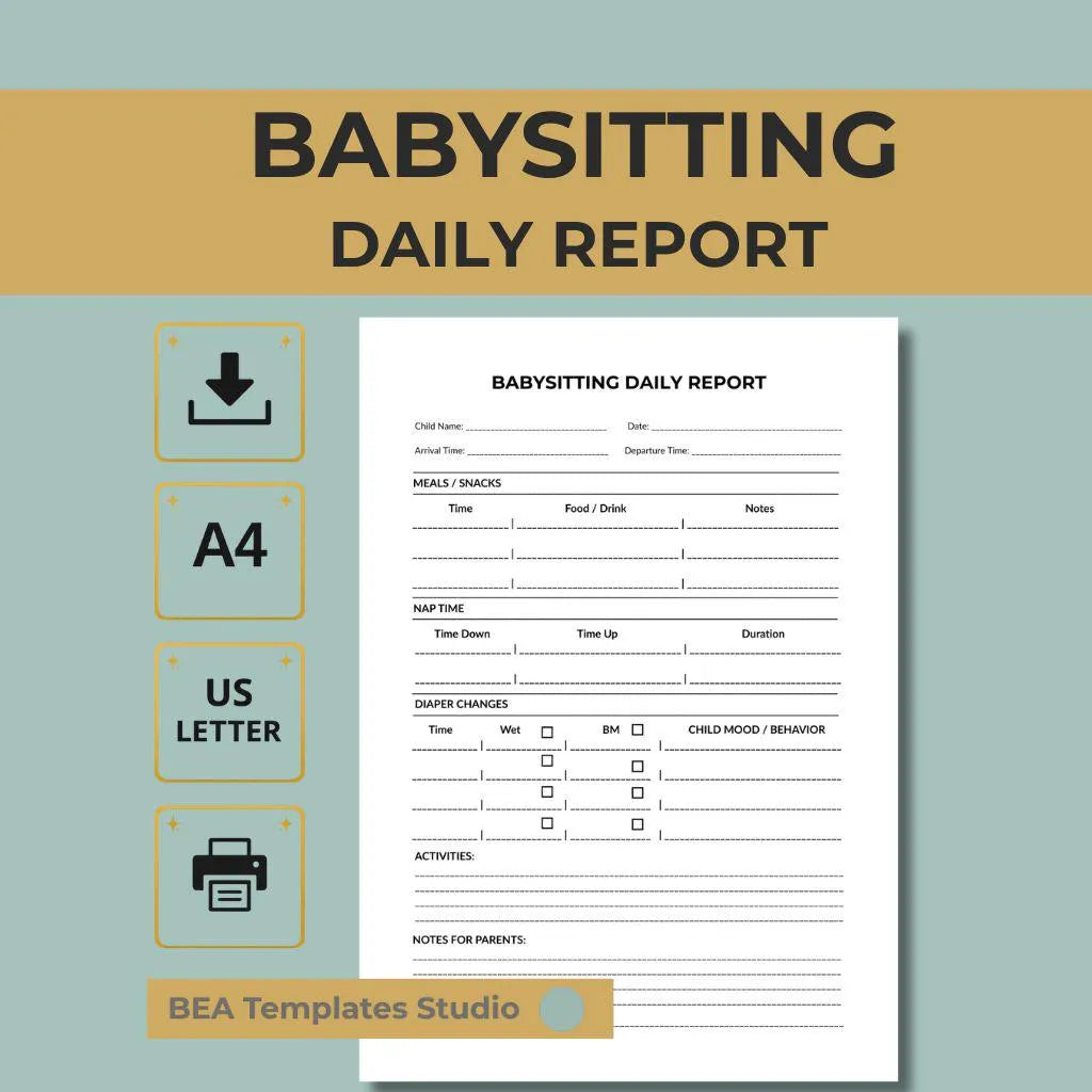 Babysitting Daily Report Printable PDF, Nanny Daily Log, Childcare Activity Sheet A4 US Letter