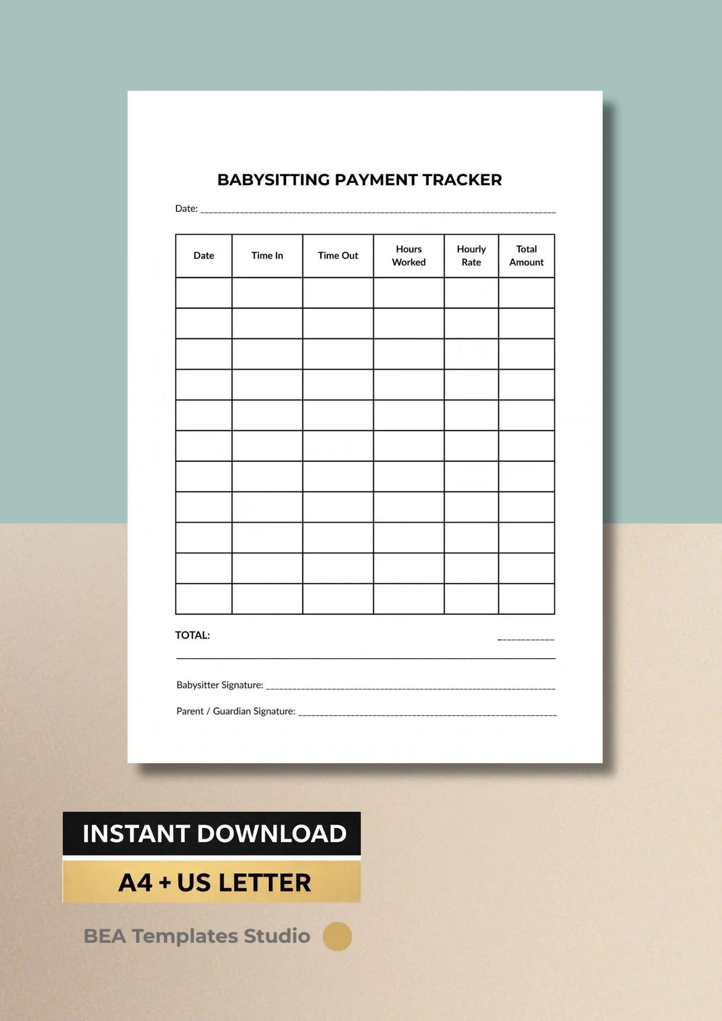 Babysitting Payment Tracker Printable PDF, Nanny Income Log, Childcare Record A4 US Letter