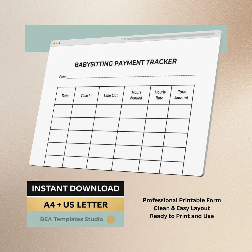 Babysitting Payment Tracker Printable PDF, Nanny Income Log, Childcare Record A4 US Letter