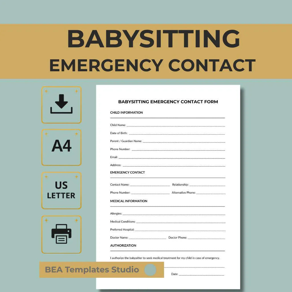 Babysitting Emergency Contact Form Printable PDF, Child Safety Sheet, Nanny Info, Daycare Form
