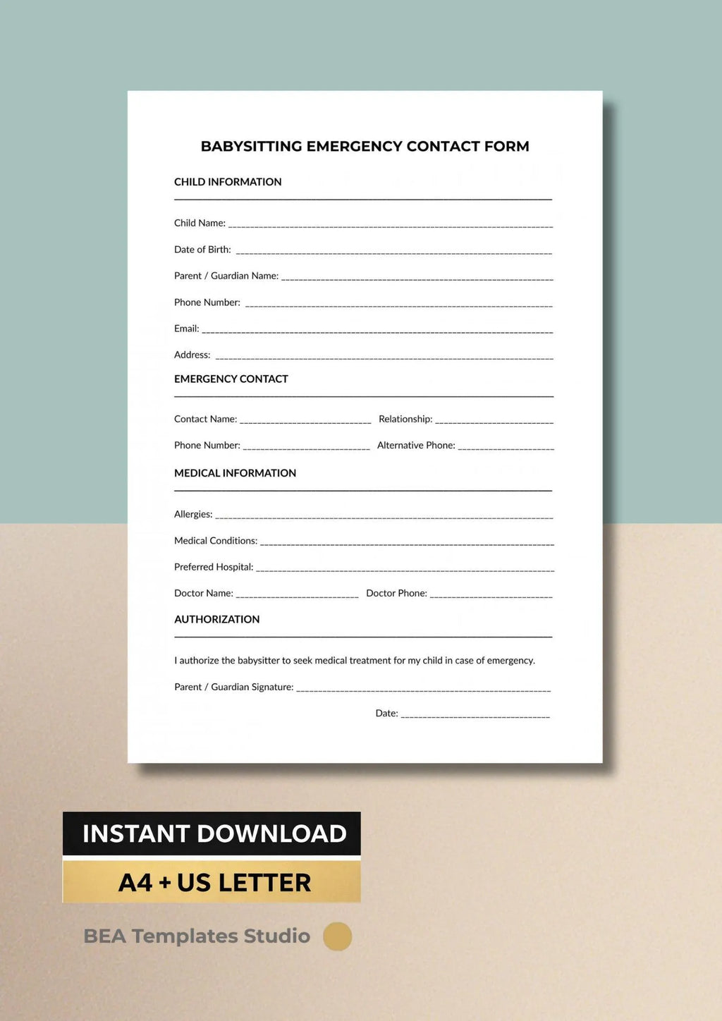 Babysitting Emergency Contact Form Printable PDF, Child Safety Sheet, Nanny Info, Daycare Form