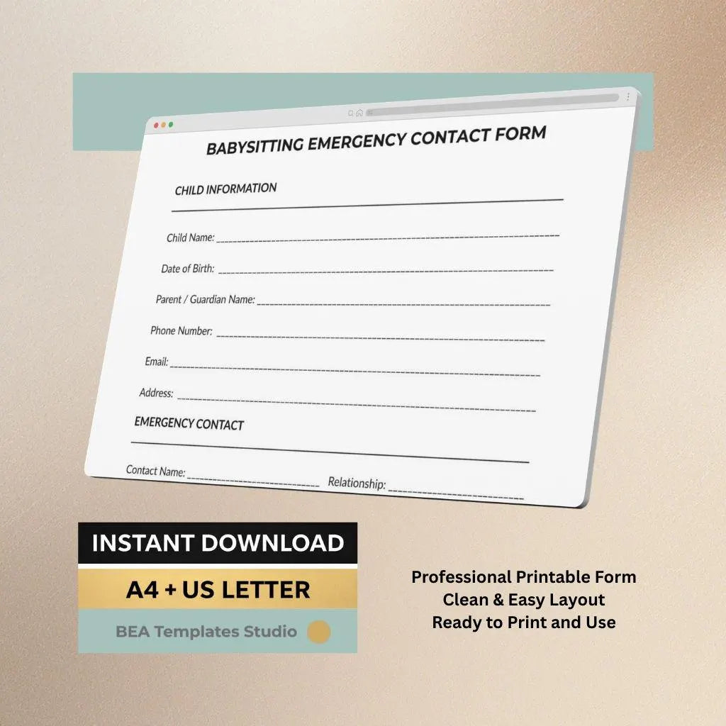 Babysitting Emergency Contact Form Printable PDF, Child Safety Sheet, Nanny Info, Daycare Form