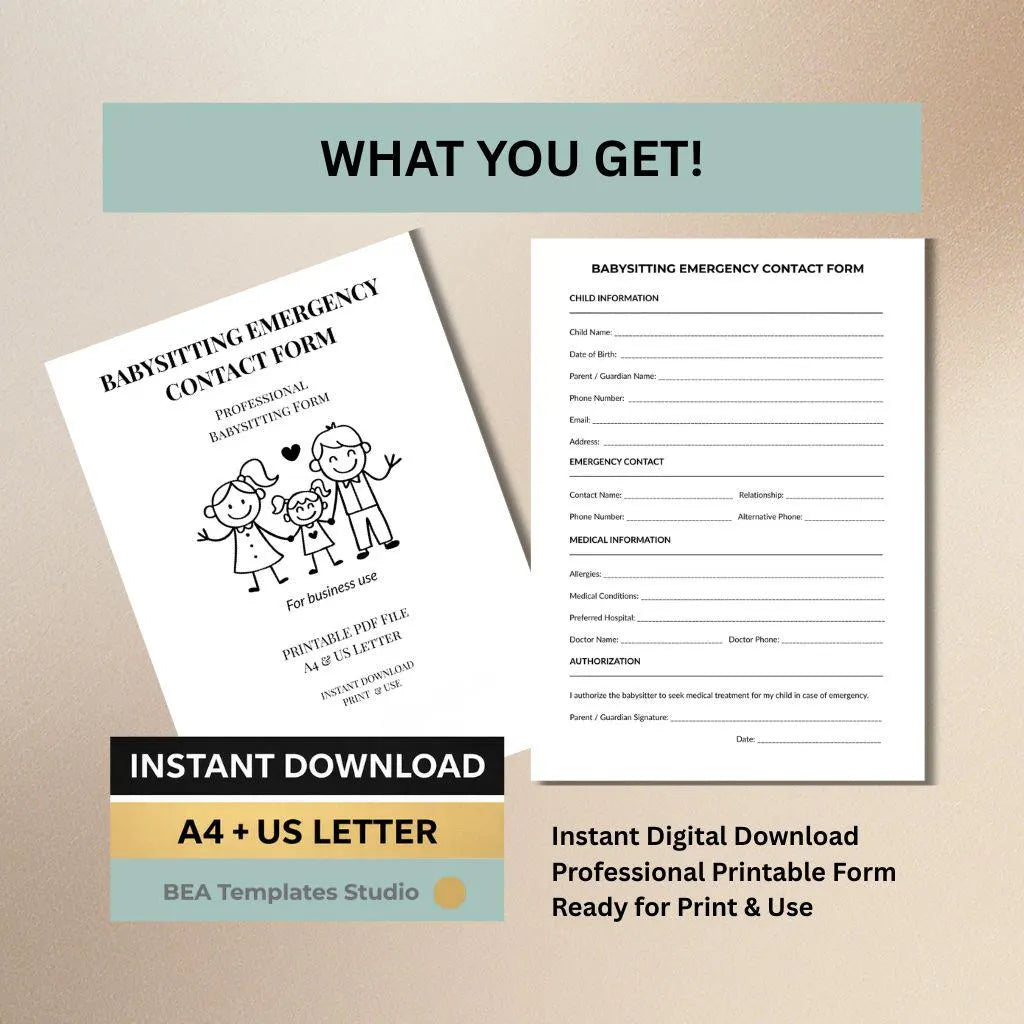 Babysitting Emergency Contact Form Printable PDF, Child Safety Sheet, Nanny Info, Daycare Form