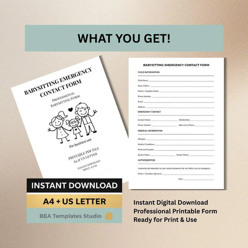 Babysitting Emergency Contact Form Printable PDF, Child Safety Sheet, Nanny Info, Daycare Form
