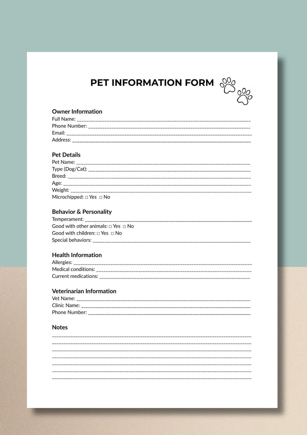 Pet Information Form, Dog & Cat Profile Sheet, Pet Details Record, Printable PDF, Instant Download