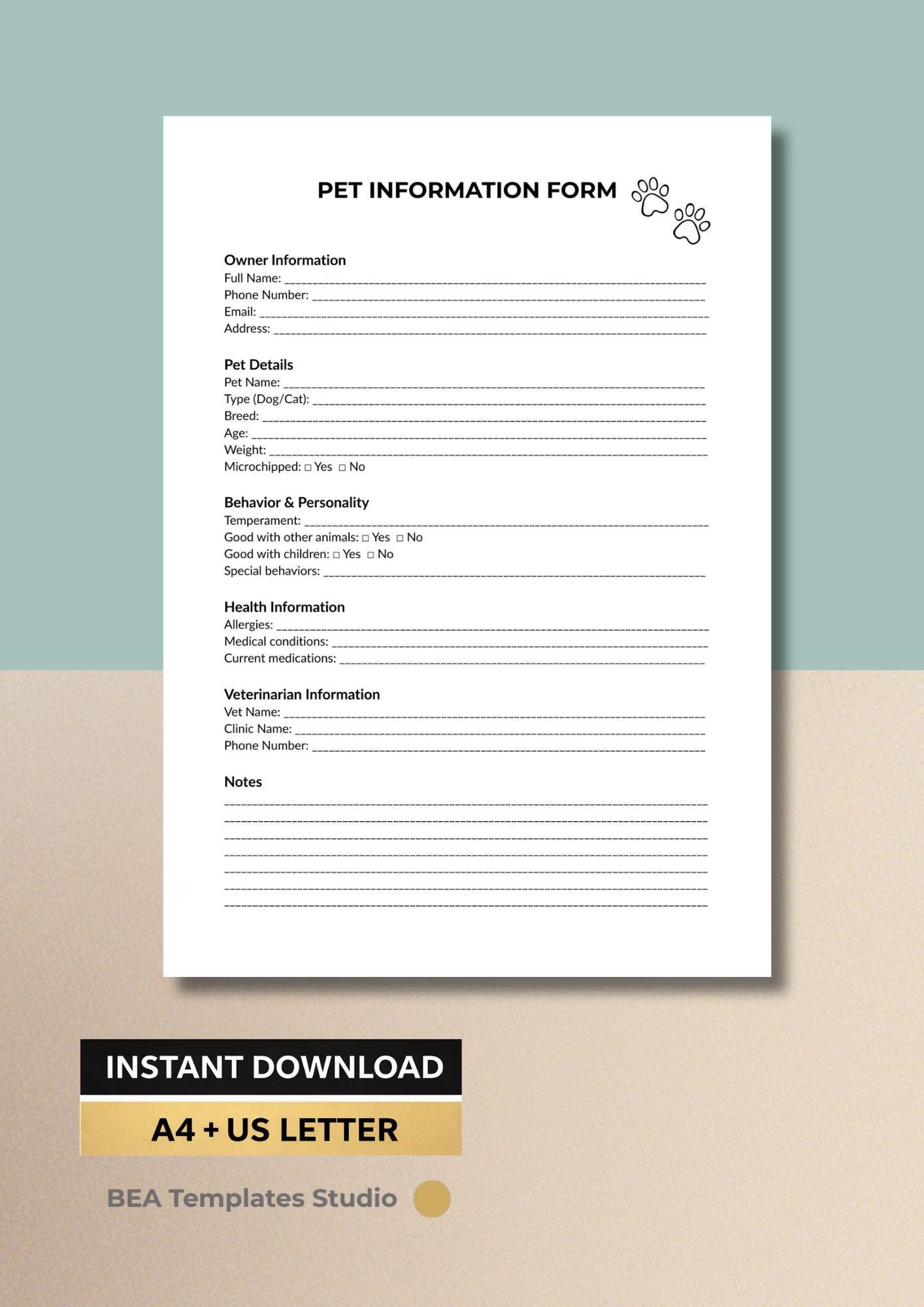 Pet Information Form, Dog & Cat Profile Sheet, Pet Details Record, Printable PDF, Instant Download