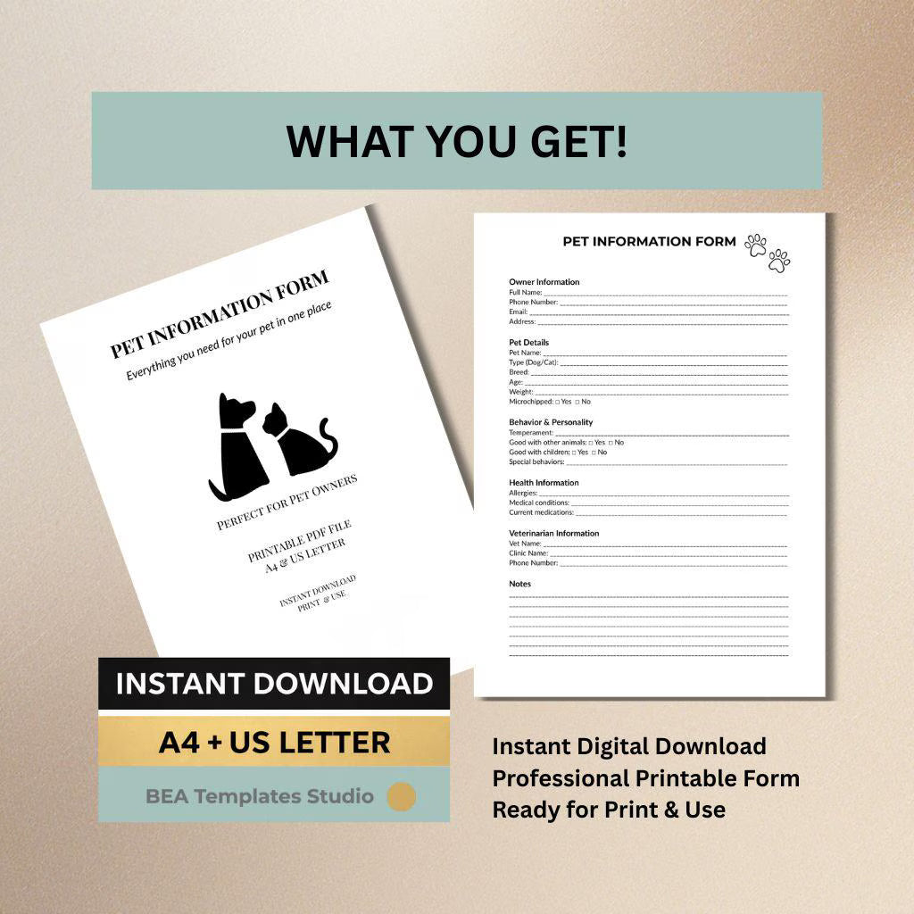 Pet Information Form, Dog & Cat Profile Sheet, Pet Details Record, Printable PDF, Instant Download