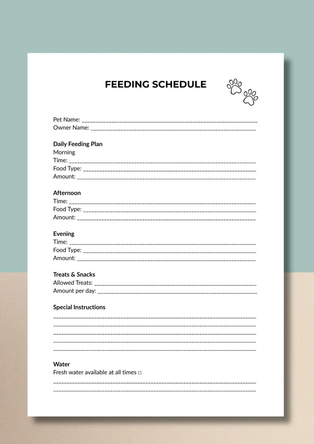 Pet Feeding Schedule Template, Daily Meal Planner, Animal Routine Tracker (PDF Download)