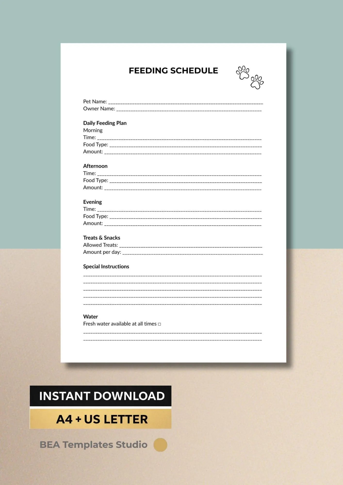 Pet Feeding Schedule Template, Daily Meal Planner, Animal Routine Tracker (PDF Download)
