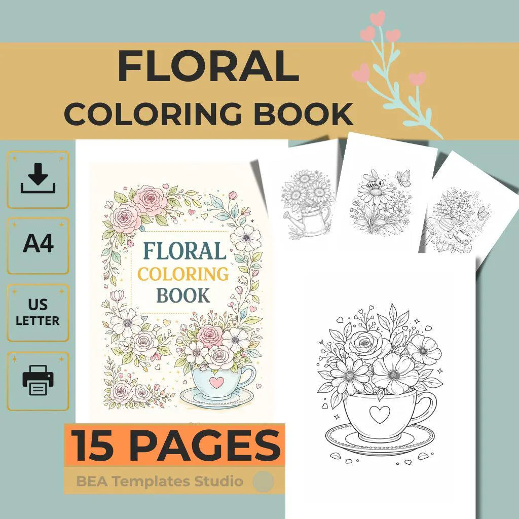 Flower Coloring Pages Printable Floral Coloring Book PDF 15 Designs A4 US Letter