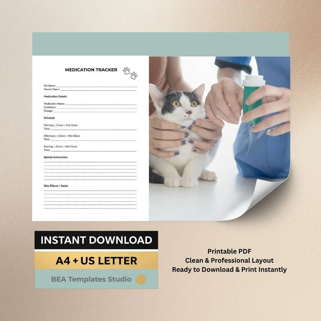 Pet Medication Tracker Printable, Animal Health Log, Vet Care Record (PDF Download)