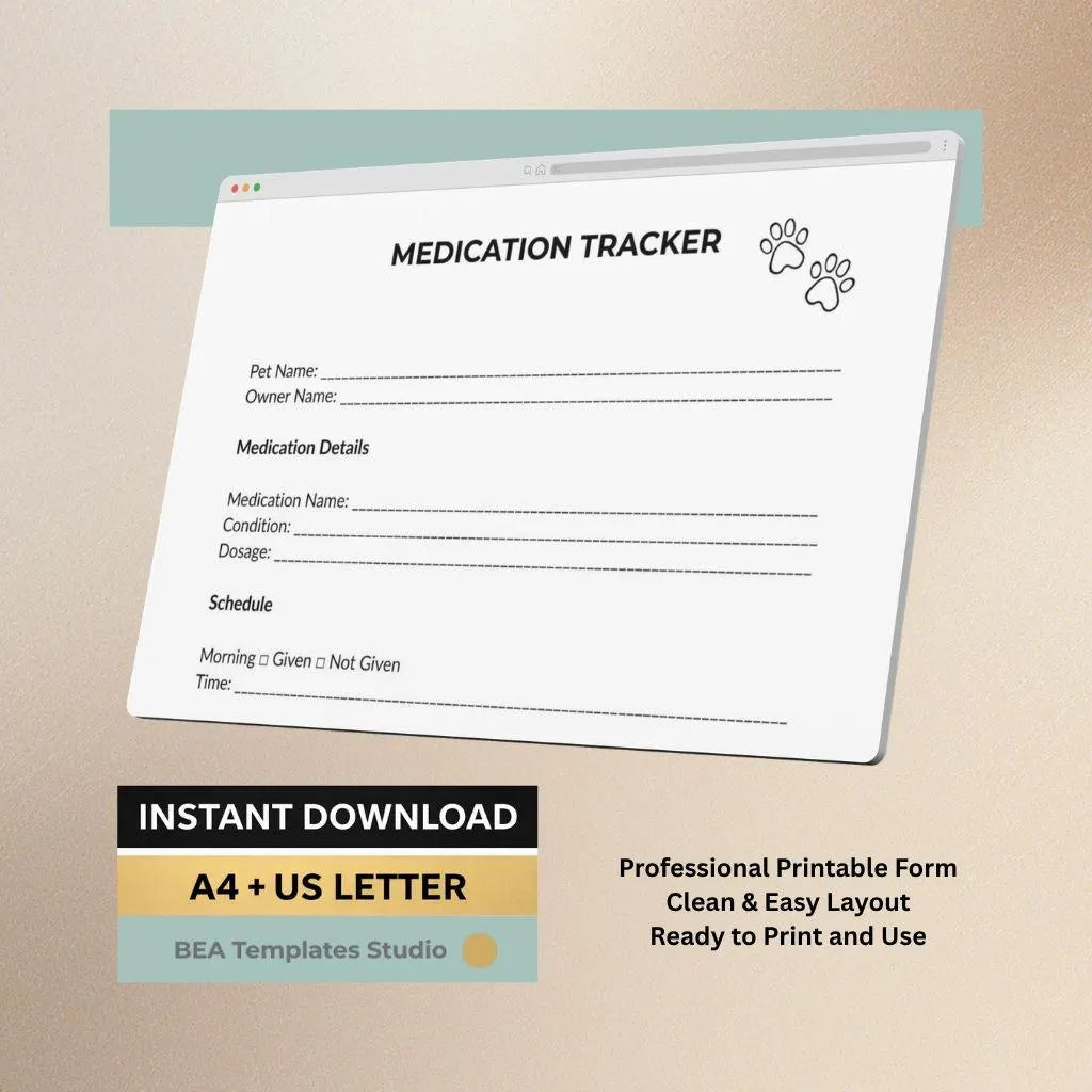 Pet Medication Tracker Printable, Animal Health Log, Vet Care Record (PDF Download)