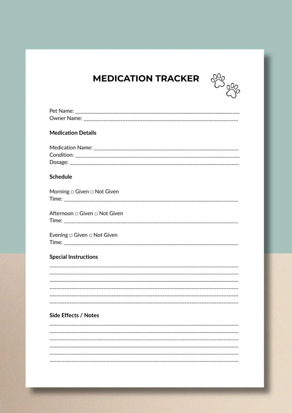 Pet Medication Tracker Printable, Animal Health Log, Vet Care Record (PDF Download)