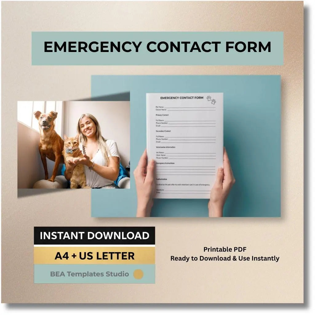 Pet Emergency Contact Form, Vet Information Sheet, Sitter Details Template, Printable PDF, Instant Download