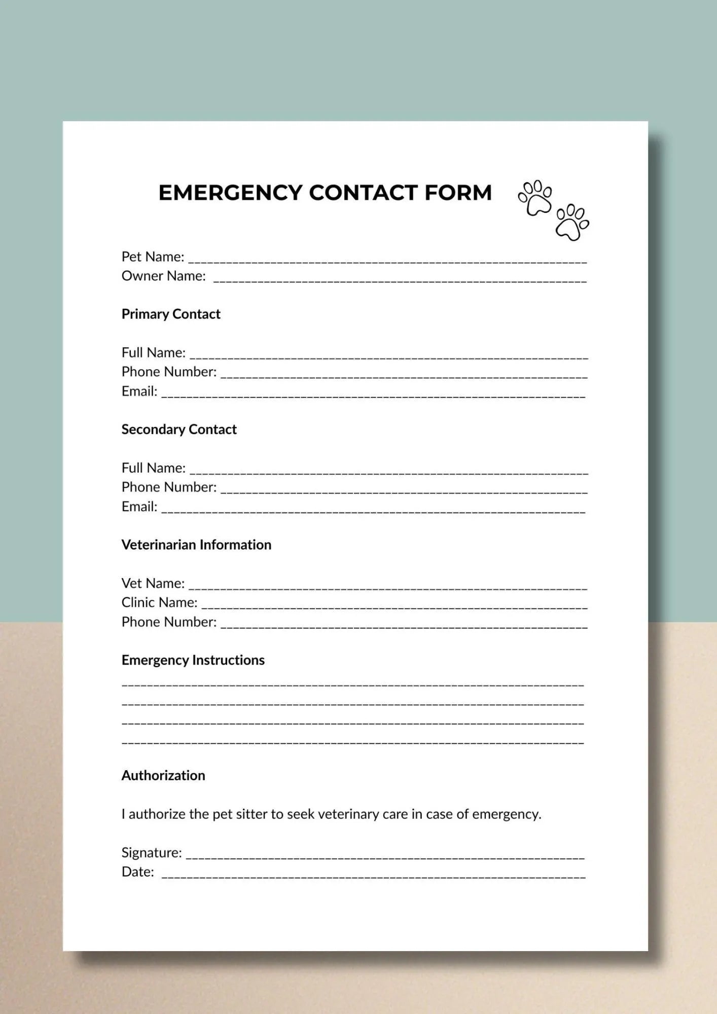 Pet Emergency Contact Form, Vet Information Sheet, Sitter Details Template, Printable PDF, Instant Download