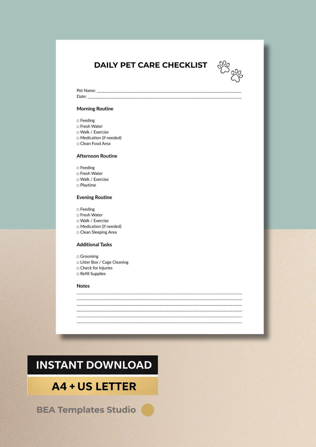 Daily Pet Care Checklist, Routine Planner, Animal Schedule, Printable PDF, Instant Download