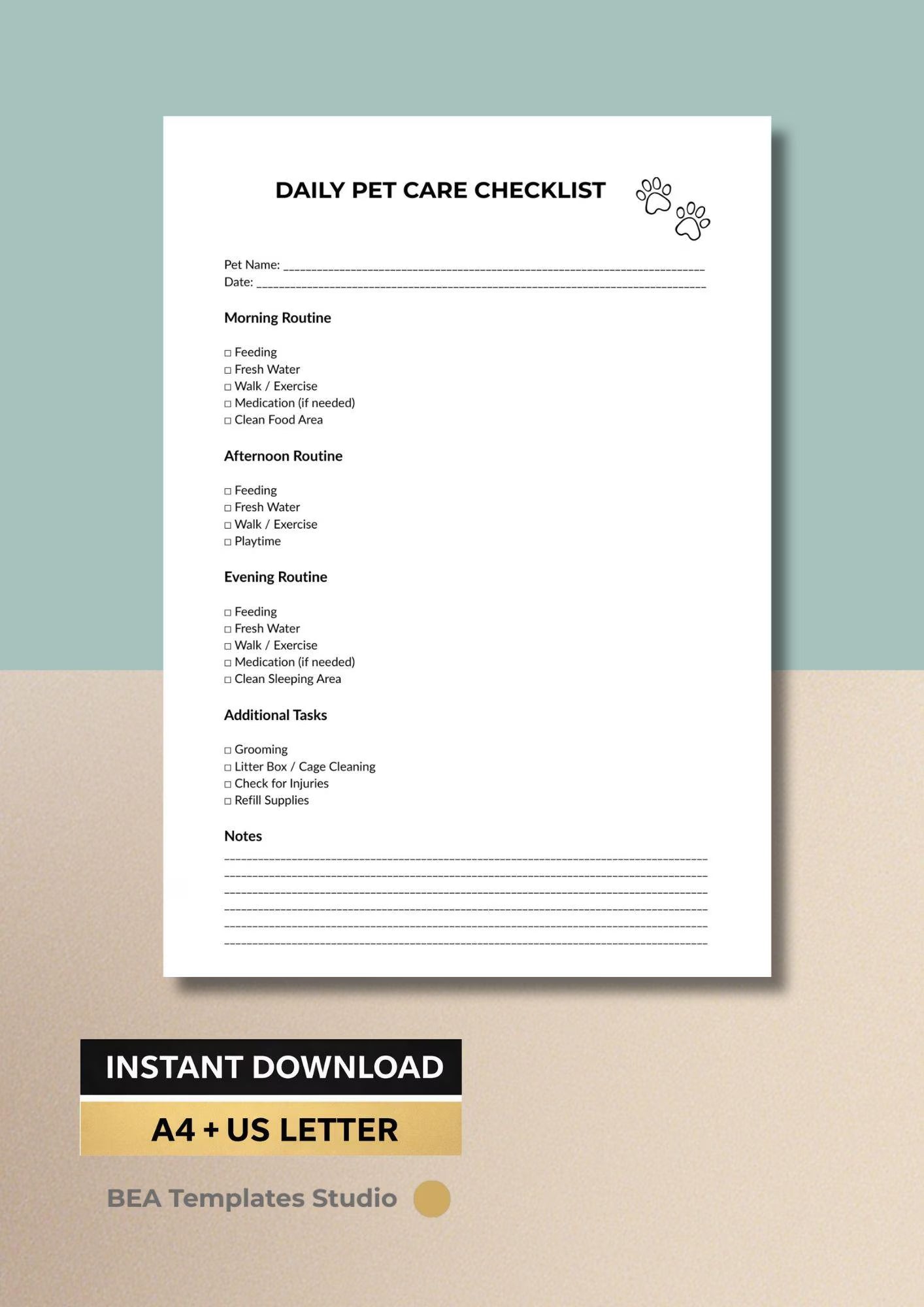 Daily Pet Care Checklist, Routine Planner, Animal Schedule, Printable PDF, Instant Download